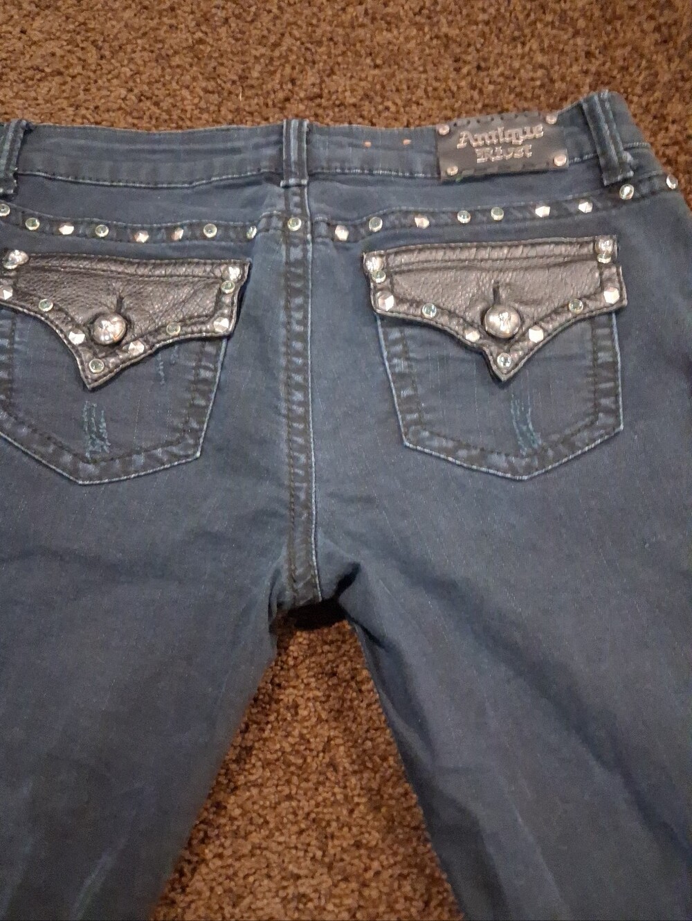 Antique Rivet Embellished Embroidered Dark Black Gray Women’s Jeans